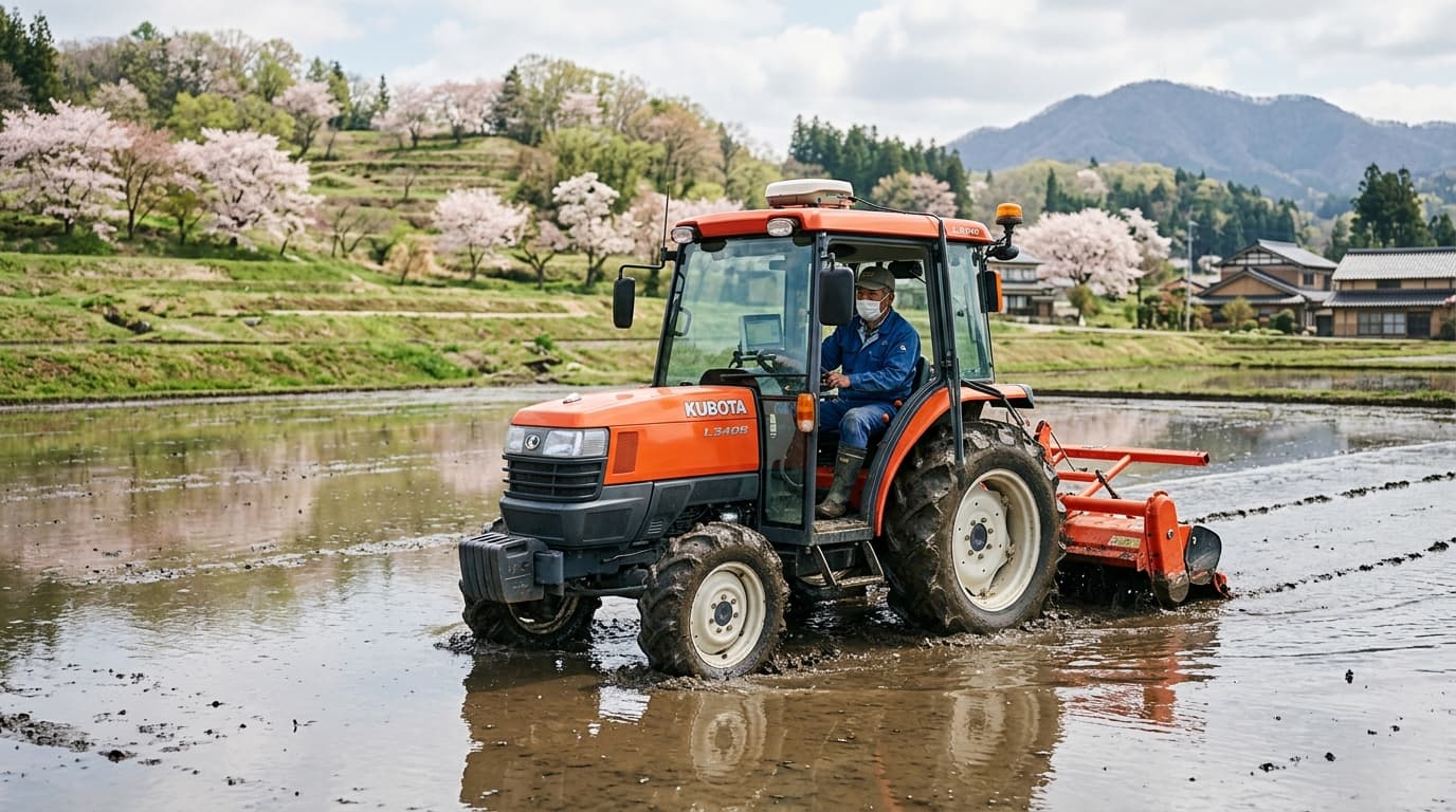 春の日本の水田で代かき作業を行う自動操舵トラクター